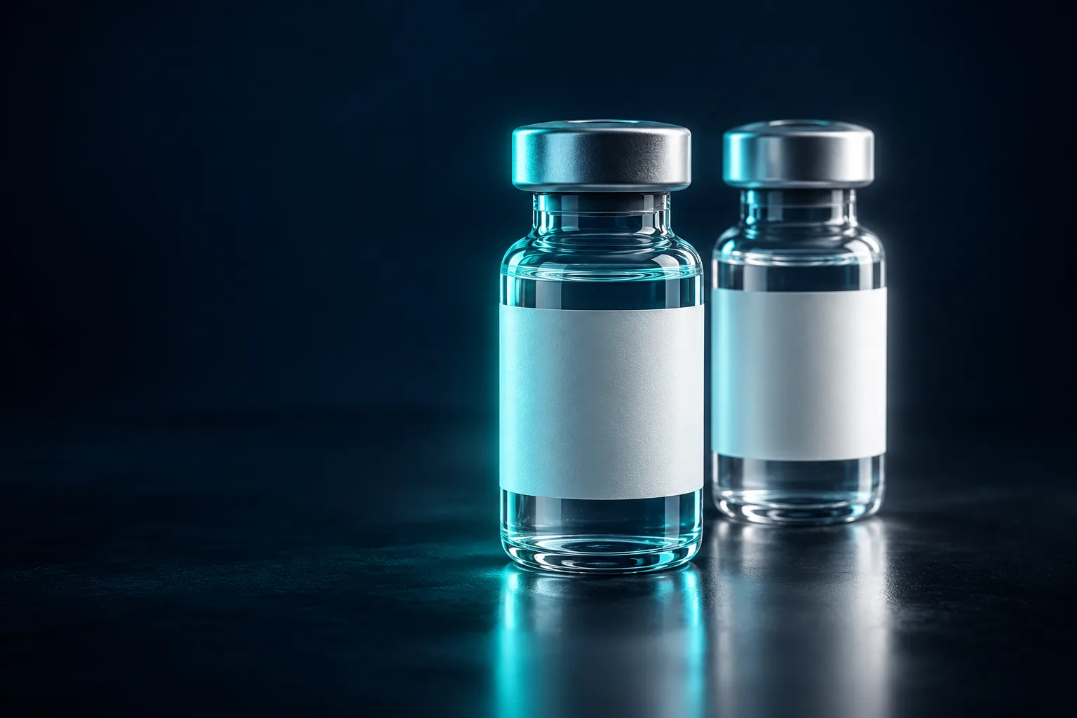 Two identical vials of clear liquid on a dark surface