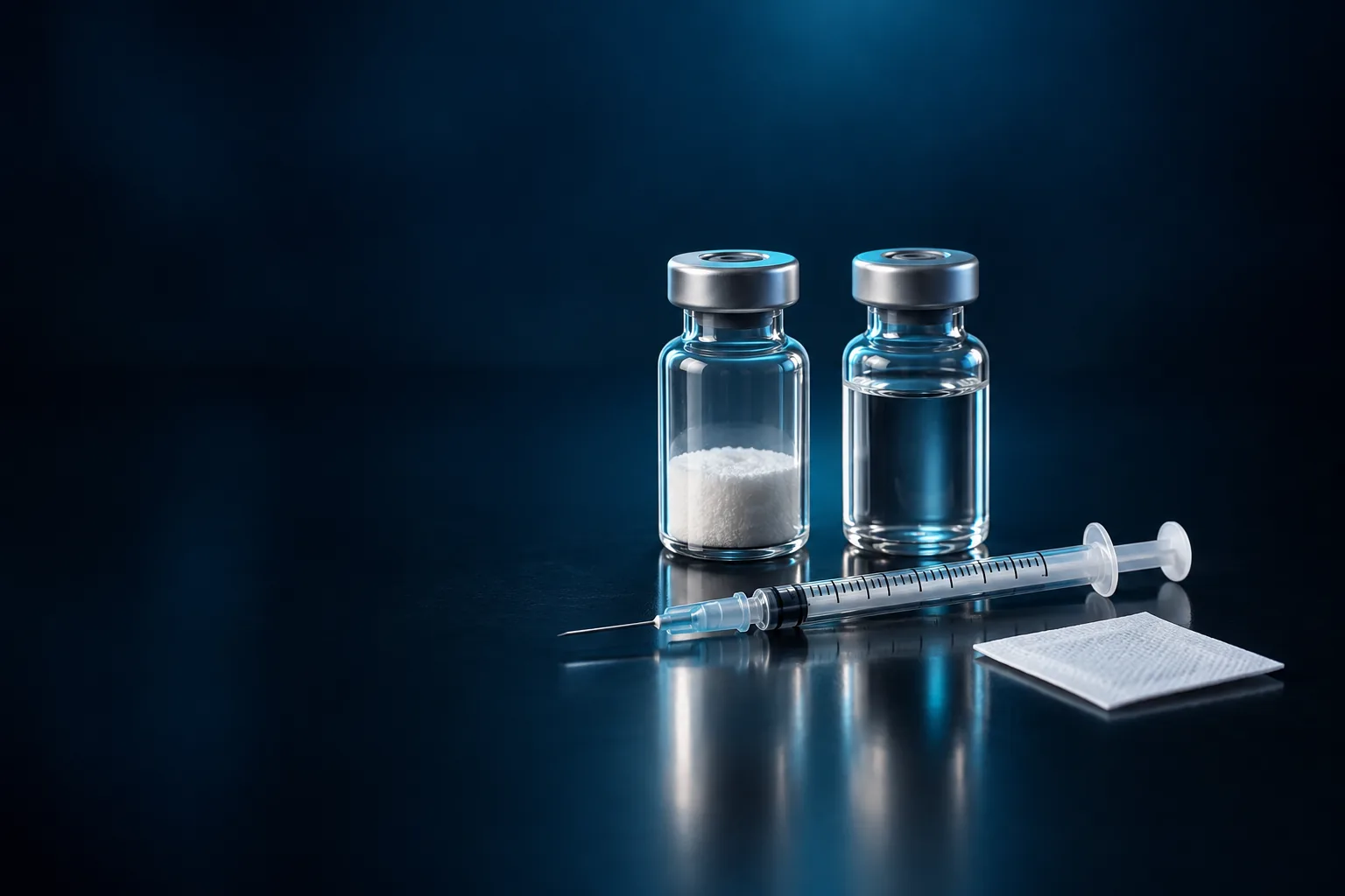 A glass vial of white powder, a vial of clear liquid, an insulin syringe and a gauze pad on a dark reflective surface