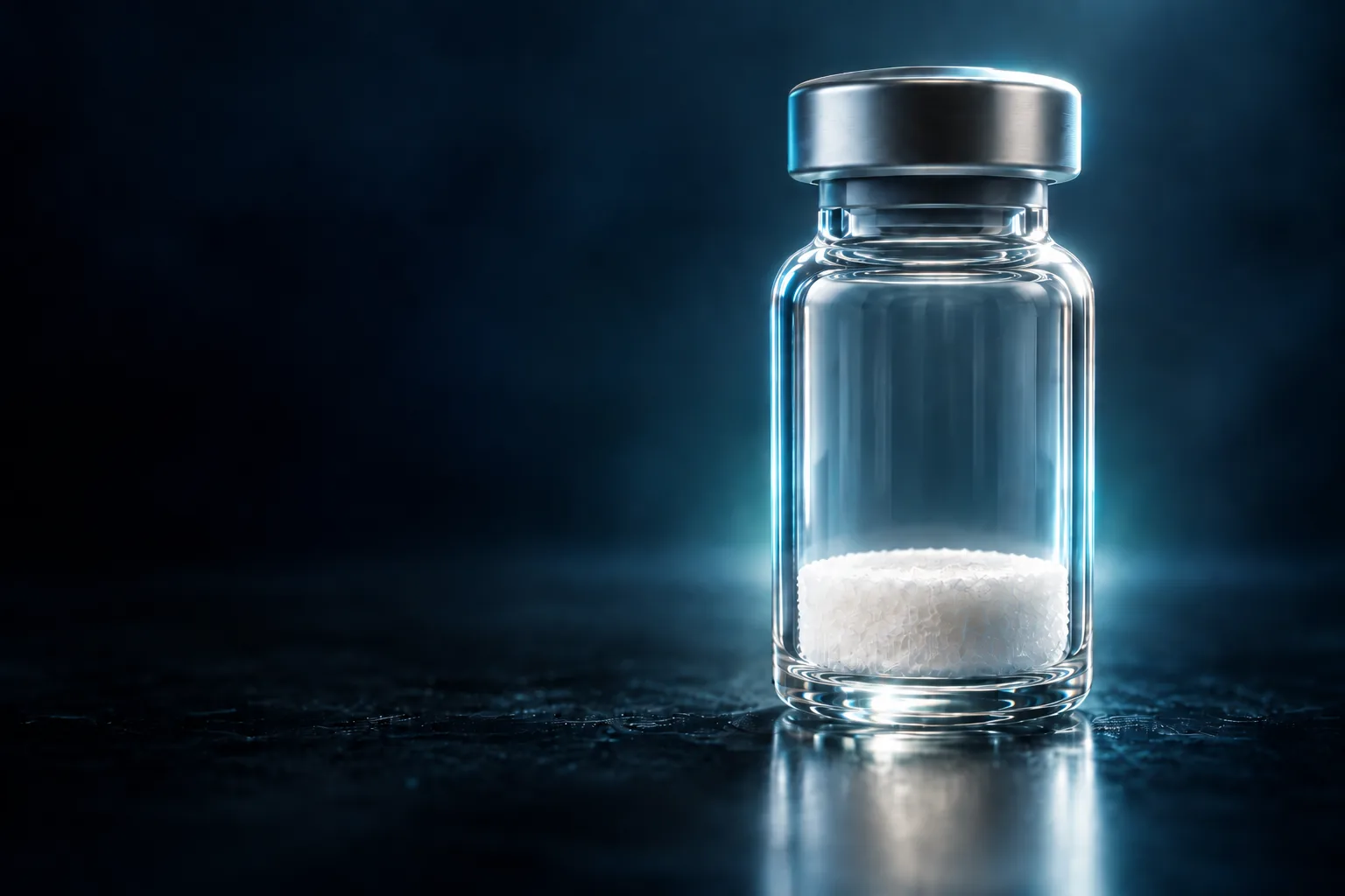 A glass vial with a small white freeze-dried cake inside