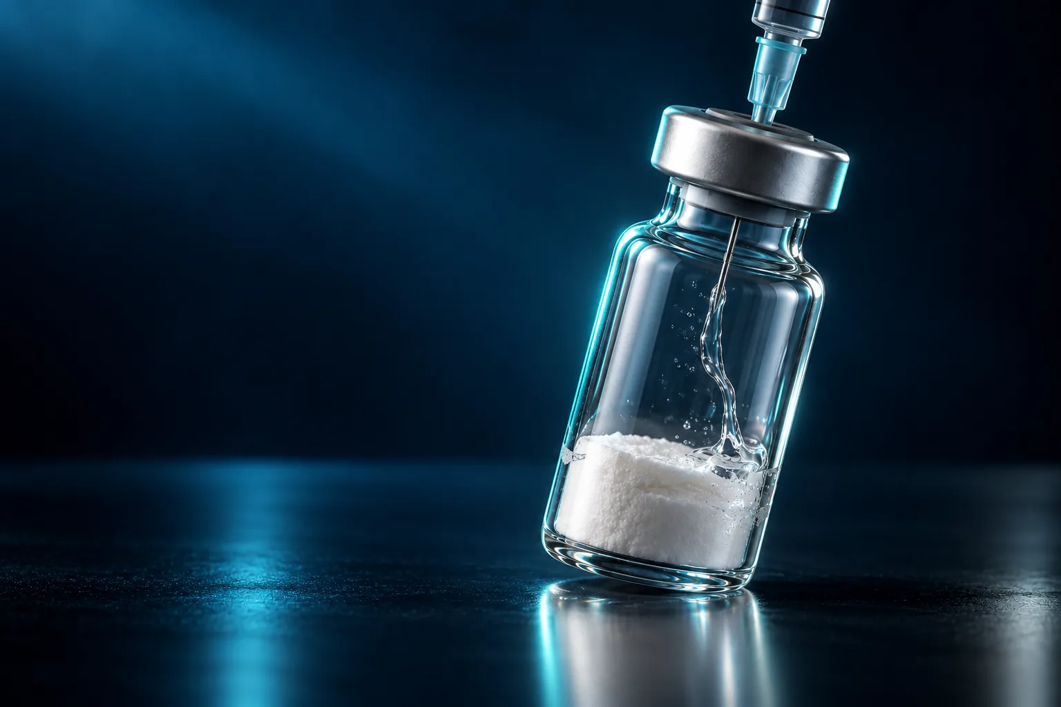 Liquid being added to a vial of powder