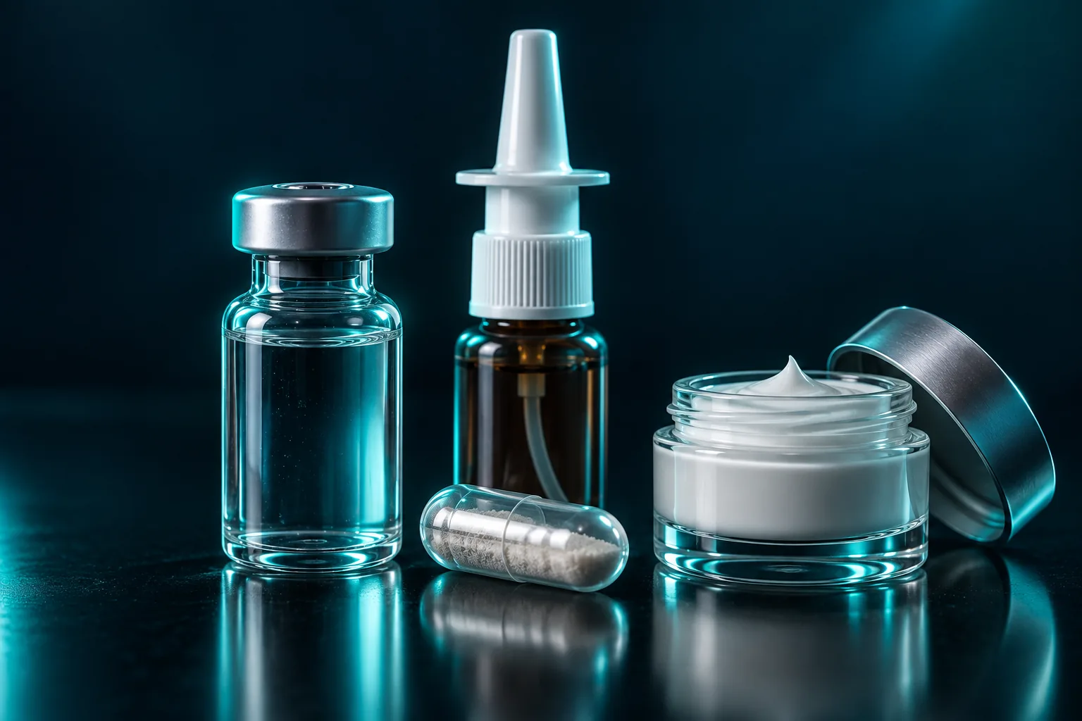 An injection vial, nasal spray, capsule and cream jar