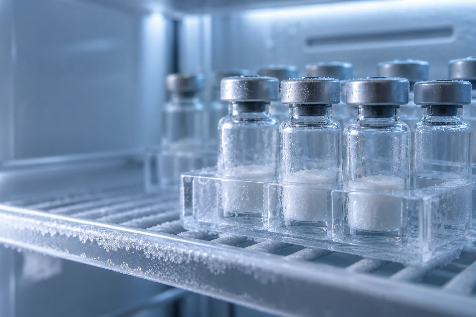 Vials in a rack on a refrigerator shelf